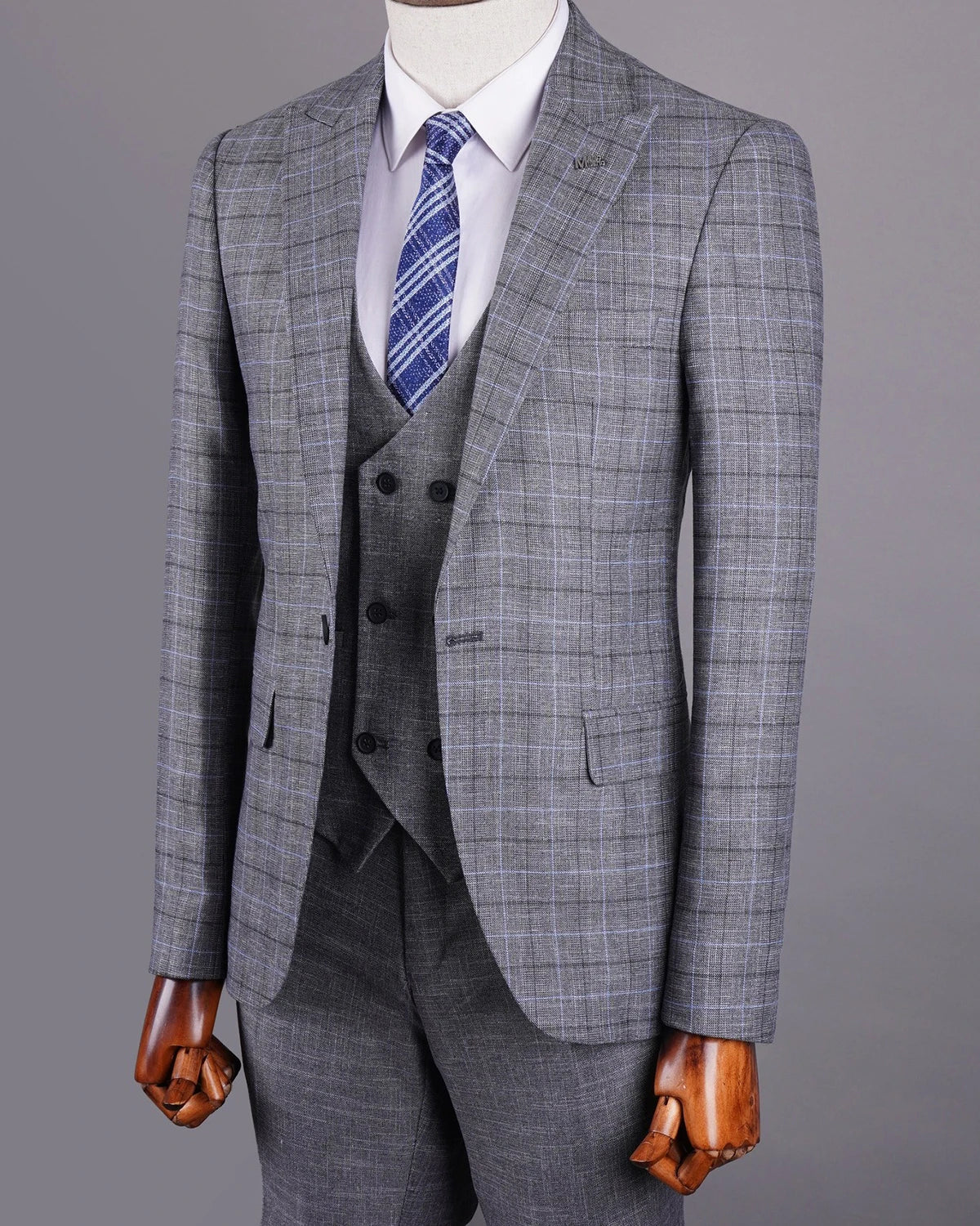 Aidase Gray Men's Suit 3 Pieces Blazer Vest Pants One Button Peaked Lapel Formal Plaid Stripes Wedding Groom Tailored Costume Homme aidase-shop