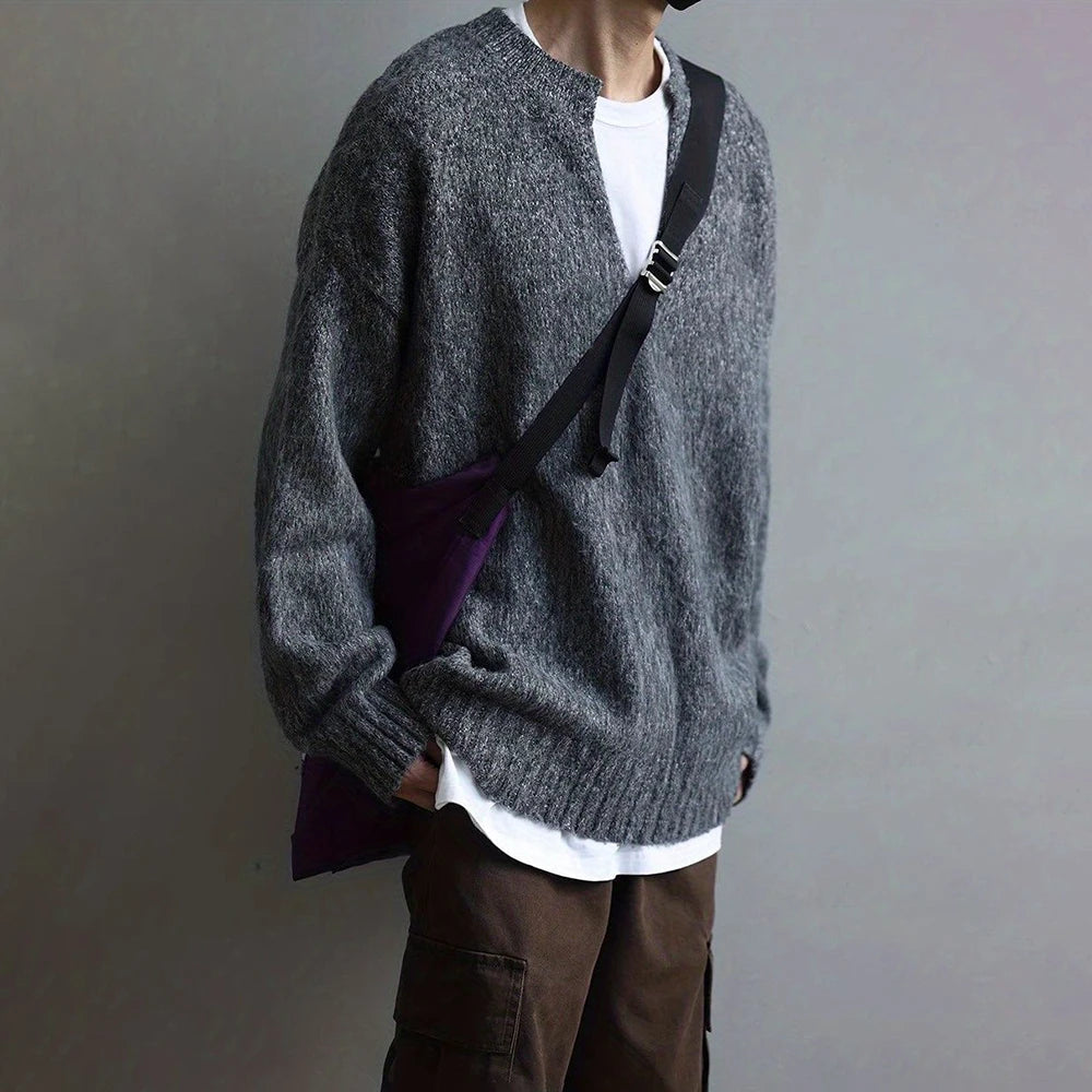 AIDASE  -  American Street Fashion Solid Color V-Neck Sweater Men Autumn And Winter Lazy Style High-End Casual Knitted Sweater Jacket Men aidase-shop