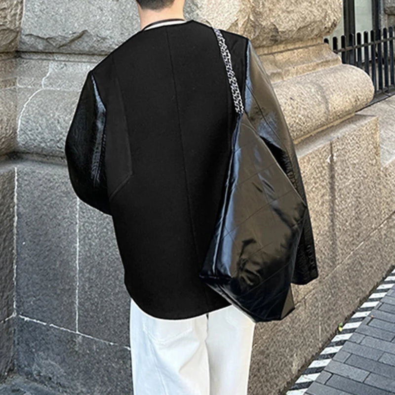 AIDASE  -  Men Jackets PU Leather Patchwork O-neck Long Sleeve Button Male Coats Streetwear 2025 Fashion Casual Jackets Men S-5XL aidase-shop