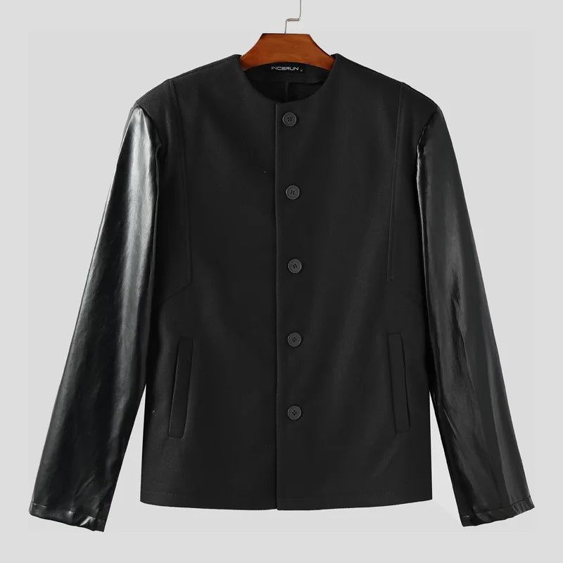 AIDASE  -  Men Jackets PU Leather Patchwork O-neck Long Sleeve Button Male Coats Streetwear 2025 Fashion Casual Jackets Men S-5XL aidase-shop