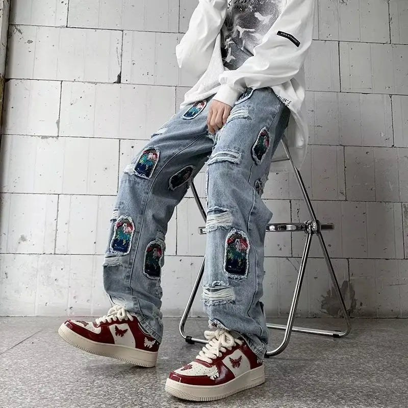 Aidase Korean Style Autumn Letter Printed Denim Pants Men Streetwear Washed Jean Pants Neutral Hip Hop Loose Straight Casual Jeans aidase-shop