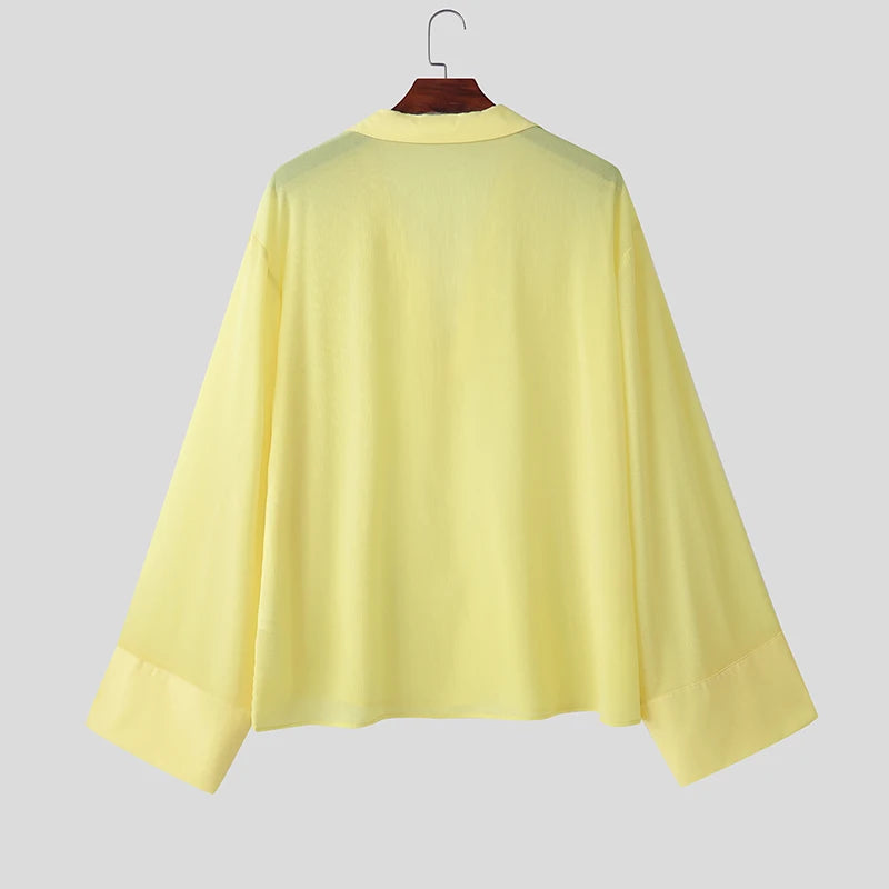 AIDASE  -  Men T Shirt Solid Color V Neck Long Sleeve Loose Casual Male Tee Tops 2025 Streetwear Translucent Fashion Men Clothing aidase-shop