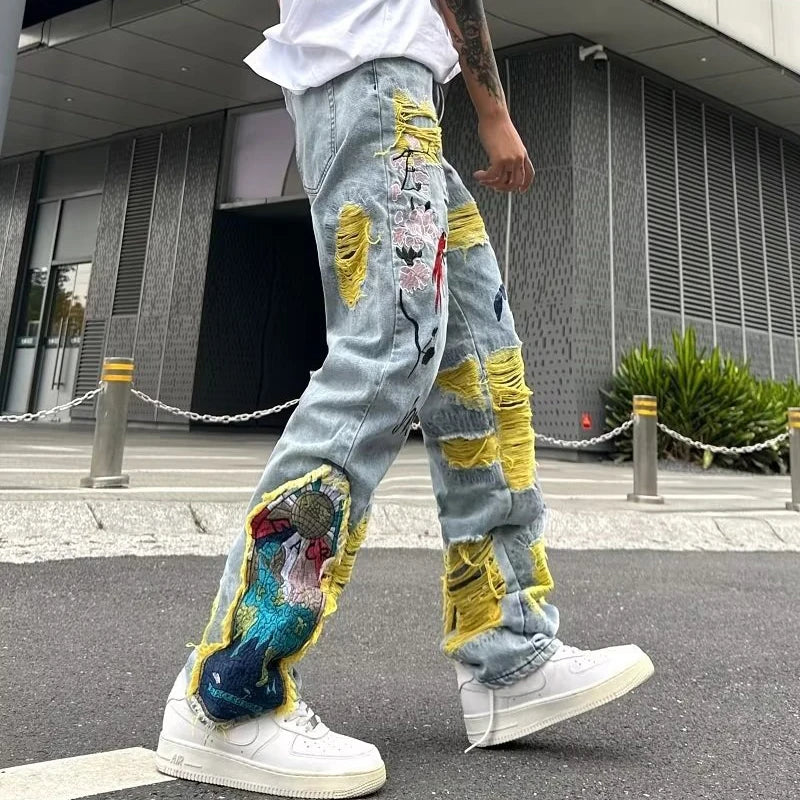 Aidase Streetwear Men Stylish Hip Hop Ripped Patch Slim Fit Jeans Pants Streetwear Casual Straight Denim Trousers aidase-shop
