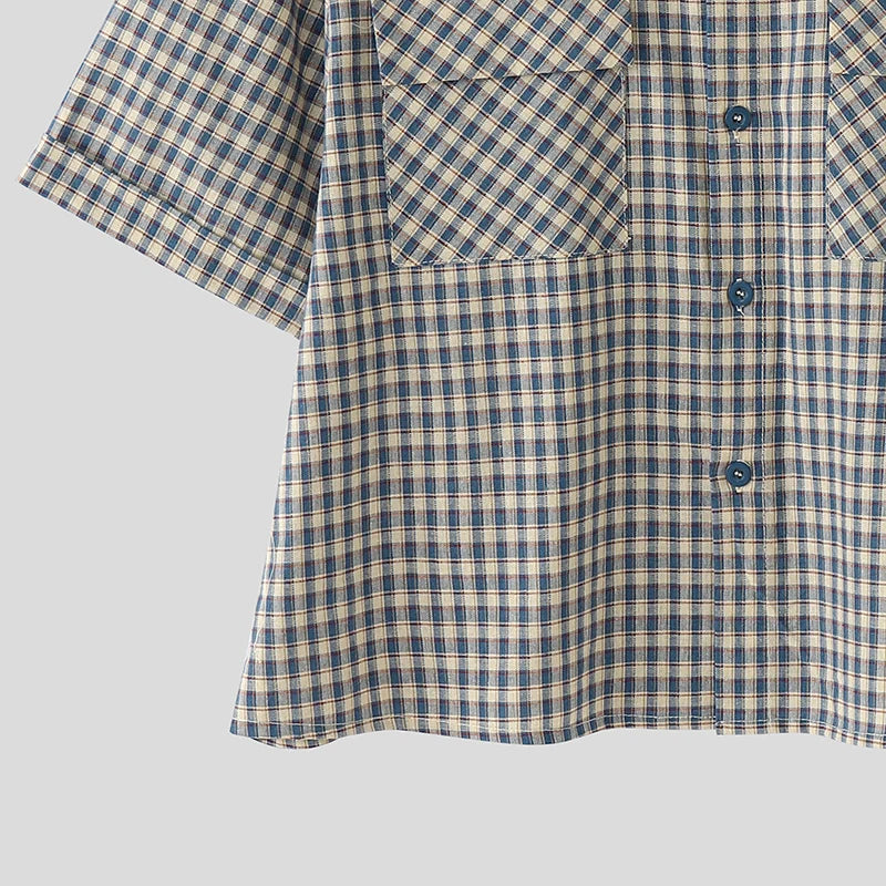 AIDASE  -  Men Plaid Shirt Lapel Short Sleeve Pockets Korean Style Men Clothing Summer Loose 2025 Streetwear Causal Male Crop Tops aidase-shop