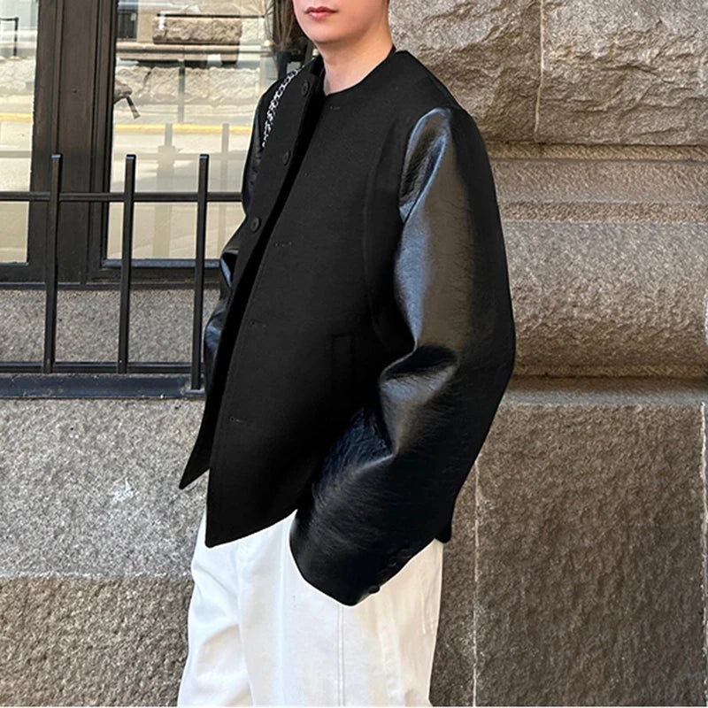 AIDASE  -  Men Jackets PU Leather Patchwork O-neck Long Sleeve Button Male Coats Streetwear 2025 Fashion Casual Jackets Men S-5XL aidase-shop