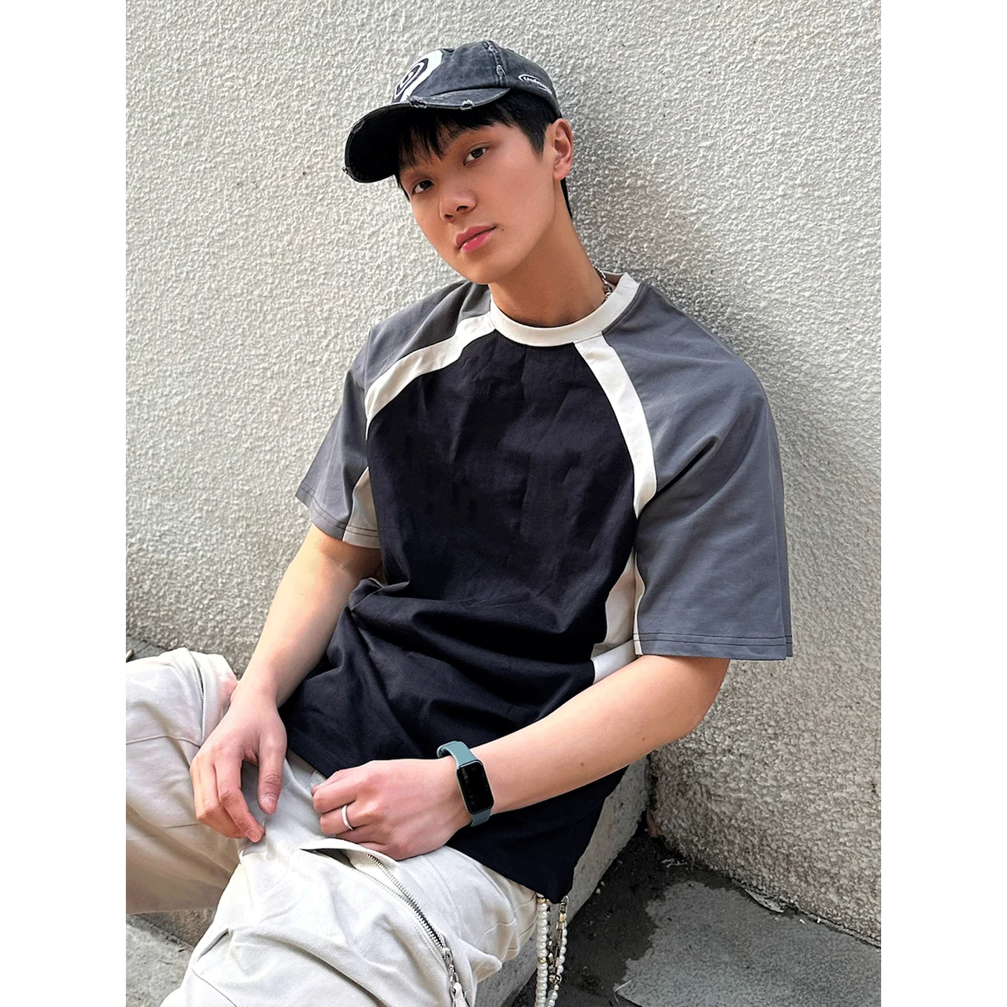 AIDASE  -  Summer American Style Color Block Raglan Round Neck Short Sleeve T-Shirt Men's Pure Cotton Heavyweight Loose Half Sleeve Top aidase-shop