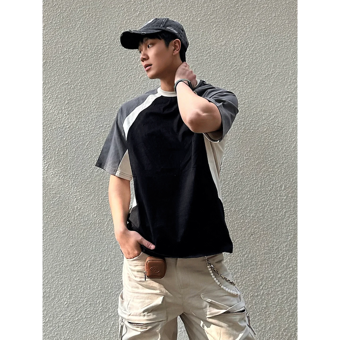 AIDASE  -  Summer American Style Color Block Raglan Round Neck Short Sleeve T-Shirt Men's Pure Cotton Heavyweight Loose Half Sleeve Top aidase-shop