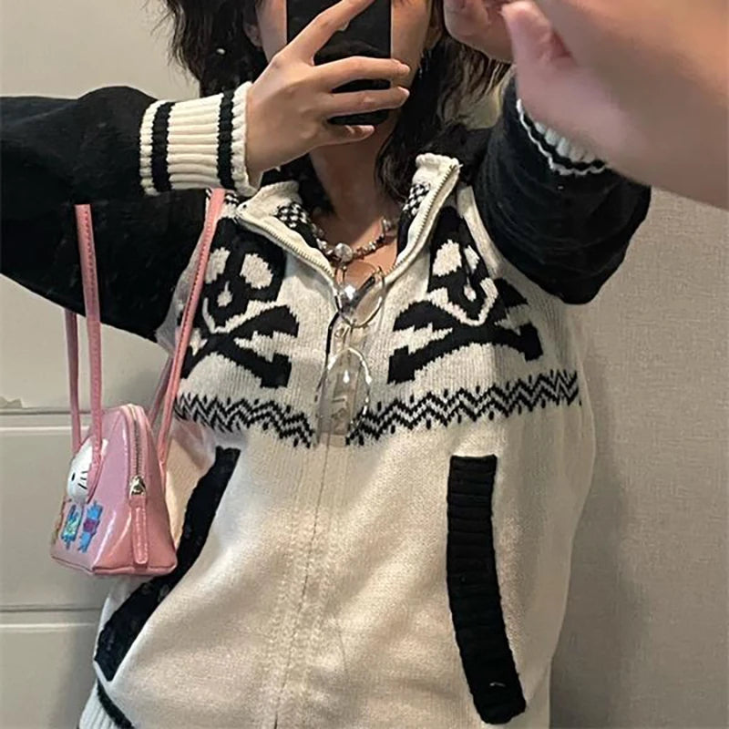 AIDASE  -  Sweaters Skull Hooded Zip Up Harajuku Pullover Women Winter Knitwear Pattern Oversized Streetwear Lovers Top 2000s Clothes Y2k aidase-shop