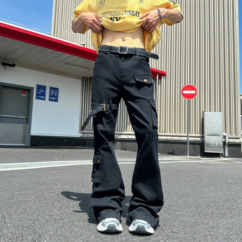 AIDASE  -  Lace-Up Flared Men Jeans American Style High Street Multi-Pocket Cargo Denim Pants Slim Fit Solid Color Trousers 21E6810 aidase-shop