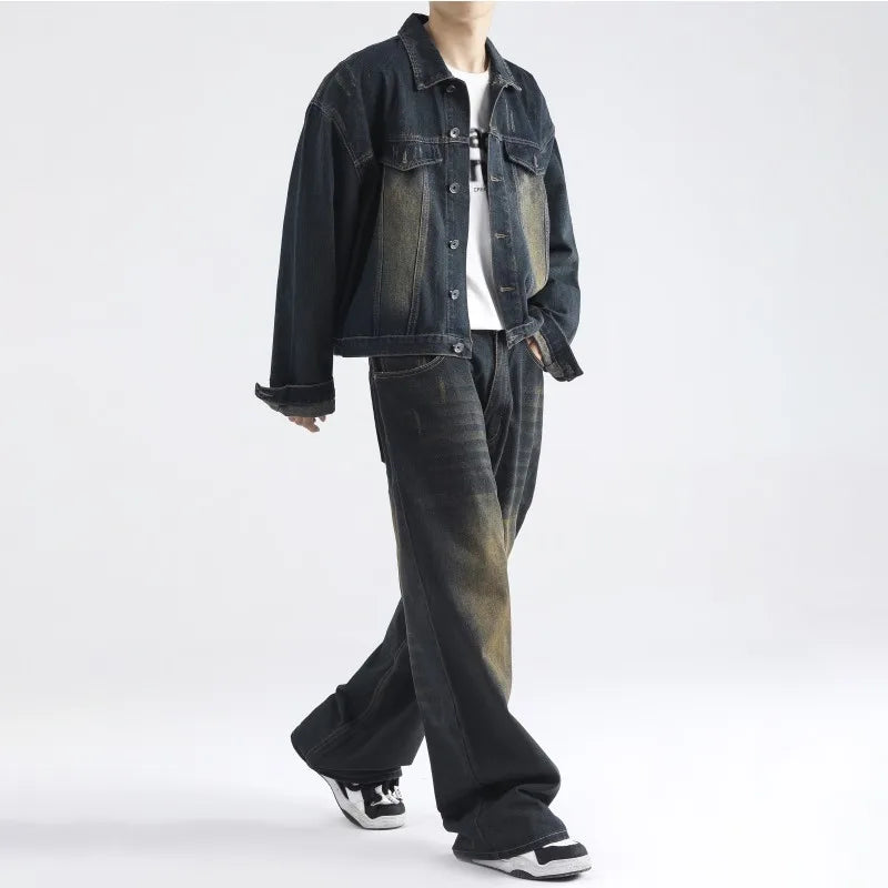 Aidase American Retro Vintage Denim Lapel Jacket Men's Hight Street Drape Wide Leg Jeans Hip Hop Trousers Suit/single Piece aidase-shop