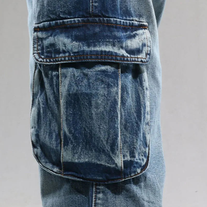 Men Cargo Casual Washed Jeans Trousers Multi Pockets Straight Loose Denim Pants For Male Plus Size 30-46 aidase-shop