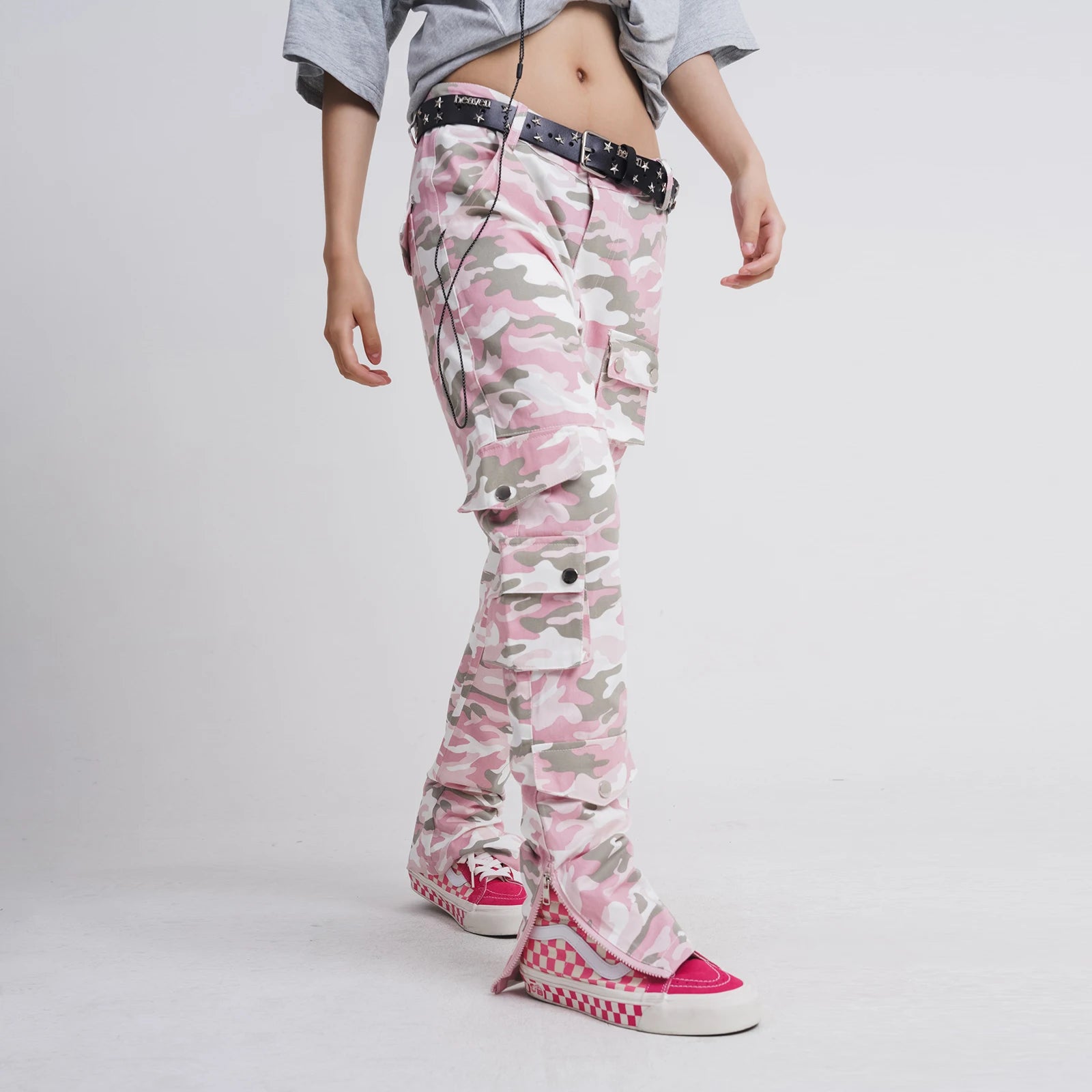 Aidase Fashion Streetwear Pink Camouflage Cargo Pants Hip Hop Multi-pocket Zip Up Trousers Flared Men Y2k Slim Fit Casual Pants Baggy aidase-shop