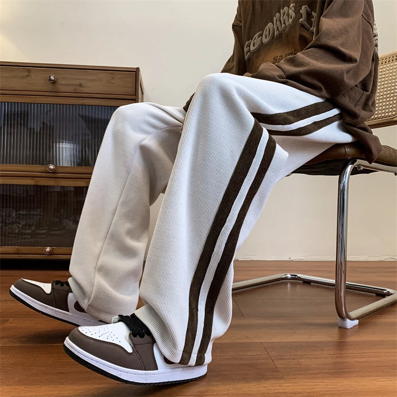 Aidase Loose Coffee Corduroy Pants Men Women Drawstring Striped Wide Leg Pants Autumn Casual Easy Care Anti-wrinkle Mopping Trousers aidase-shop