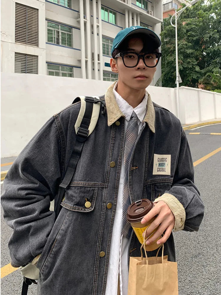 Aidase Japan Retro Lapel Denim Jacket Cityboys Punk Loose Jacket Autumn Hong Kong Style Hip Hop Handsome Stitching Jeans Coat aidase-shop