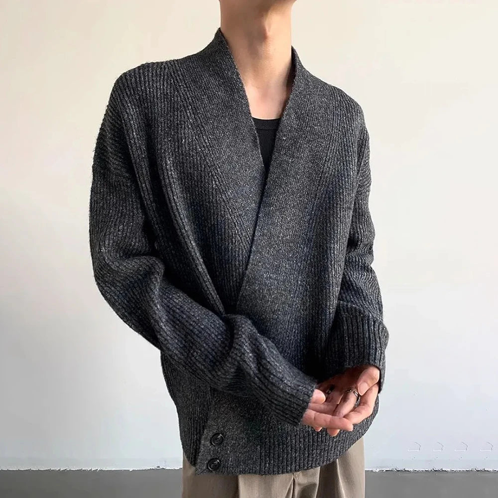 AIDASE  -  American High Street Fashion Solid Color Sweater Jacket Autumn And Winter Irregular Oblique Button V-Neck Cardigan Sweater Men aidase-shop