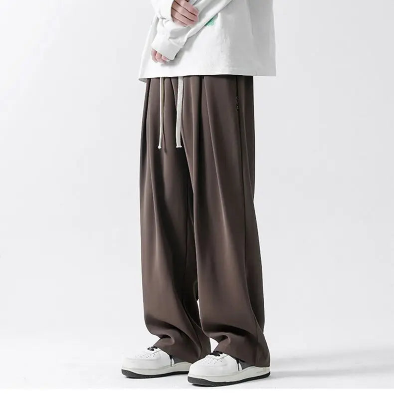 Aidase Spring All Season Casual Soft Solid Men's Cool Boys Drawstring Waist  Long Wide-legged Floor-length Straight-legged Pants aidase-shop