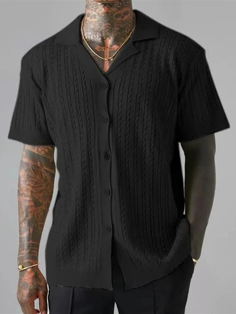 AIDASE  -  Streetwear Fashion Knitting Shirts Mens Summer Vintage Jacquard Turn-down Collar Cardigan Tops Men New Casual Slim Knitted Shirt aidase-shop