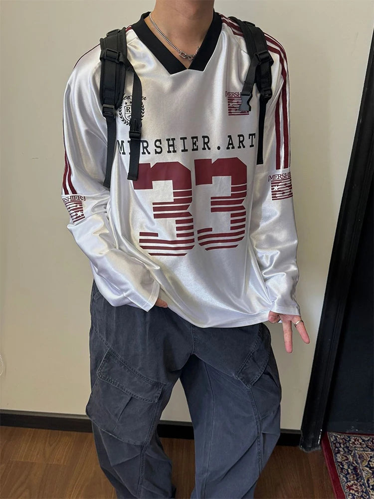 AIDASE  -  Retro Sports Jersey satin T shirt Men's clothing Hip Hop Printing V-neck Oversized Long Sleeved T shirt Casual Streetwear Autumn aidase-shop