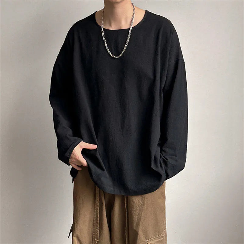 AIDASE  -  Spring Autumn Round Neck Loose T-Shirt Men Cotton Linen Long Sleeve Casual Male Tshirt Comfortable Breathable Hip Hop Tees Tops aidase-shop