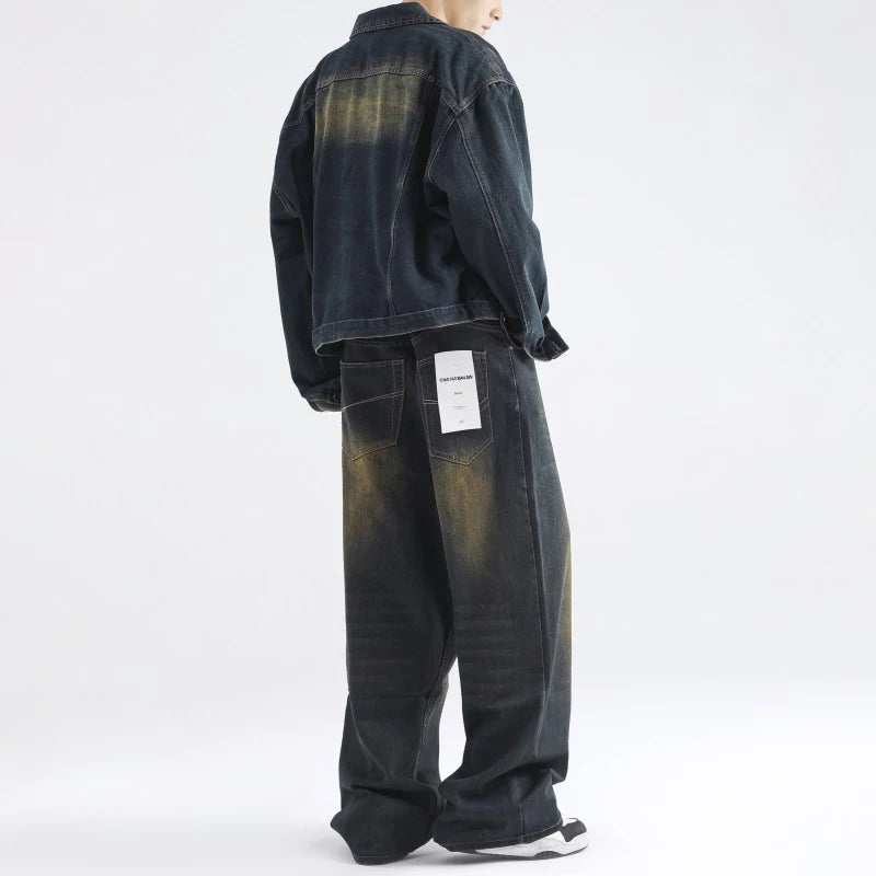 Aidase American Retro Vintage Denim Lapel Jacket Men's Hight Street Drape Wide Leg Jeans Hip Hop Trousers Suit/single Piece aidase-shop