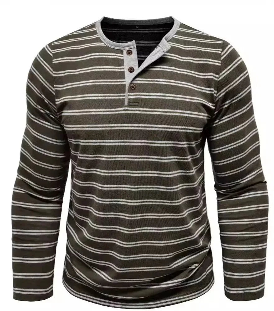 AIDASE  -  New Men's Henley Collar Long Sleeve T-Shirts Striped Casual Button T Shirt for Men Spring Autumn Male Fashion Cotton Tees Tops aidase-shop