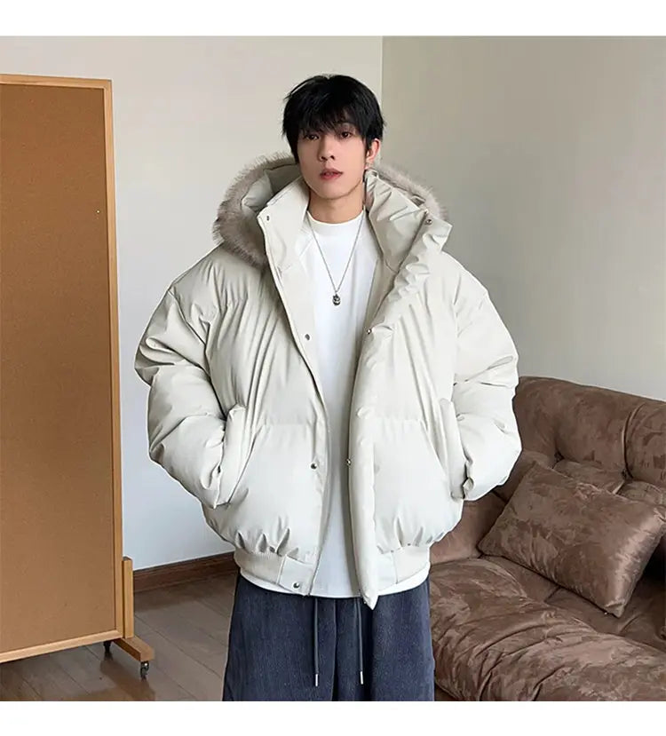 AIDASE  -  Detachable Hooded Men's Cotton Jacket American Style Short Fur Collar Long Sleeve Solid Color Casual Male Coats 21E7670