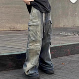 Style Gradient Ribbons Multi-pockets Drawstring Jeans for Men Harajuku Streetwear Baggy Y2K Denim Trousers Oversized Cargos