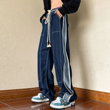 Aidase American Street Trend Handsome Wide Leg Jeans Men Solid Elastic Waist Drawstring Pocket Patchwork Loose Versatile Straight Pants