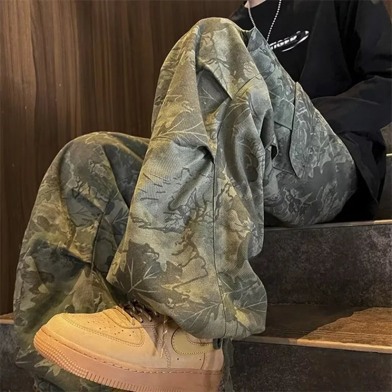 Aidase Pants Men Wide Leg Trousers European Style Drawstring Handsome Pockets Casual Streetwear Loose Camouflage All-match New College aidase-shop