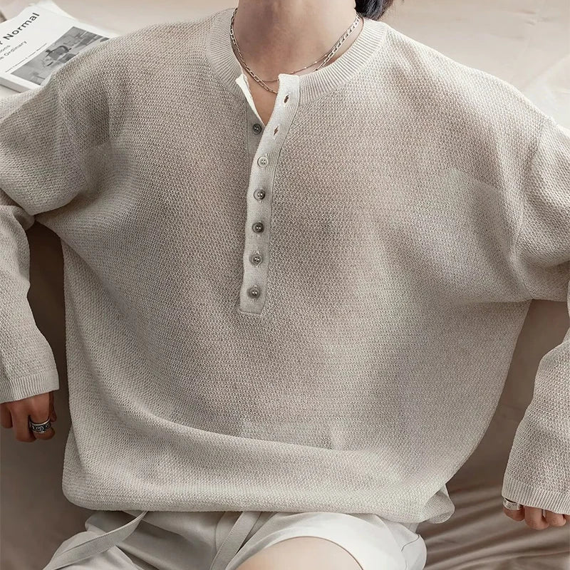 AIDASE  -  Spring Autumn Casual Men's Knitting Tops Stylish Knitted Henley T Shirts Mens Trendy Long Sleeve Button Hollow Out Knit T-shirt aidase-shop