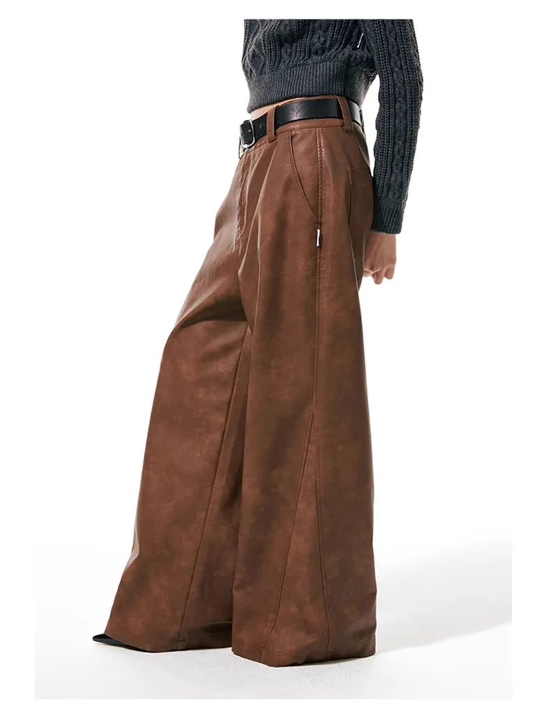 Aidase Spring Autumn Long Loose Casual Brown Pu Leather Pants Men Wide Leg LUxury Designer Unisex Trousers Fashions aidase-shop