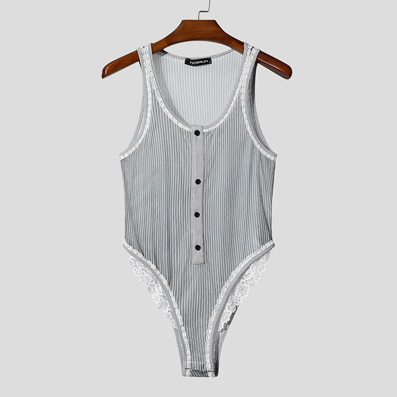 AIDASE  -  Men Bodysuits Lace Striped Patchwork O-neck Button Sleeveless Male Rompers Sexy 2025 Skinny Fashion Cozy Bodysuit Men aidase-shop