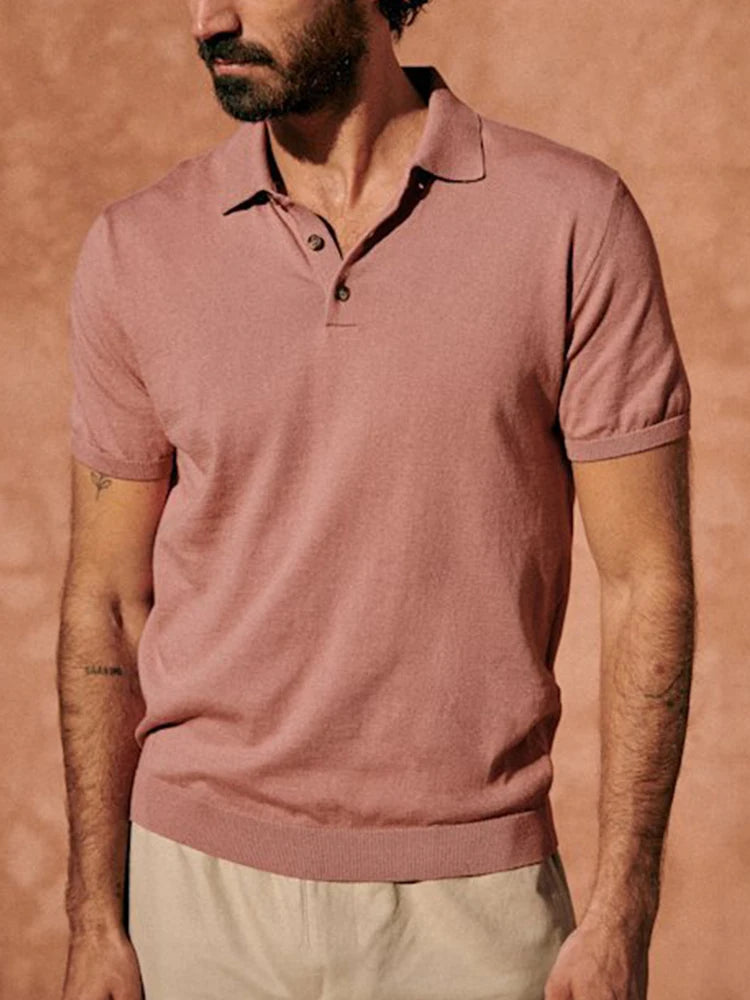 AIDASE  -  Summer Fashion Solid Color Polo Neck Tops Knitting Mens Short Sleeve Button-up Polos Spring Casual Men's Slim Fit Polo Shirts aidase-shop
