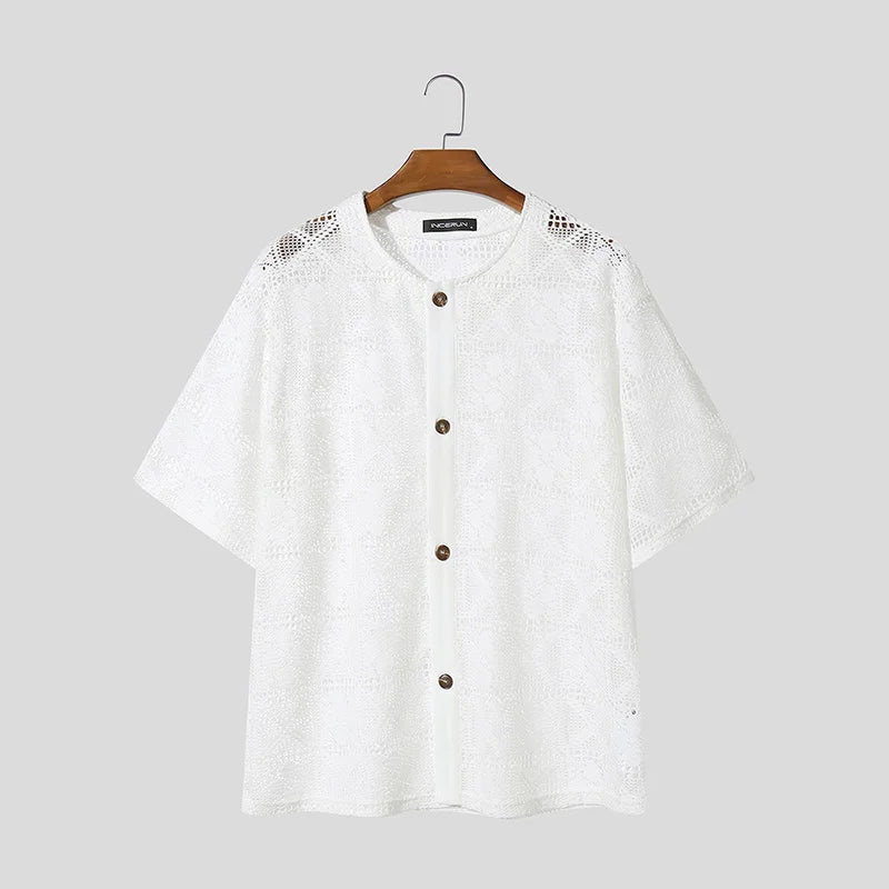 AIDASE  -  2025 Men Shirt Lace See Through Sexy O-neck Short Sleeve Button Male Tops Shirts Streetwear Sexy Men Clothing Summer aidase-shop