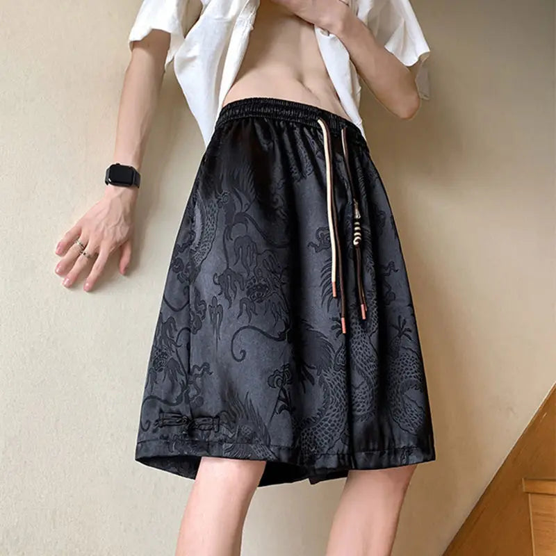 AIDASE  -  Chinese Style Dragon Pattern Ice Silk Jacquard Shorts Men's Summer Loose High-end Sports Trendy Casual Five-point Pants aidase-shop