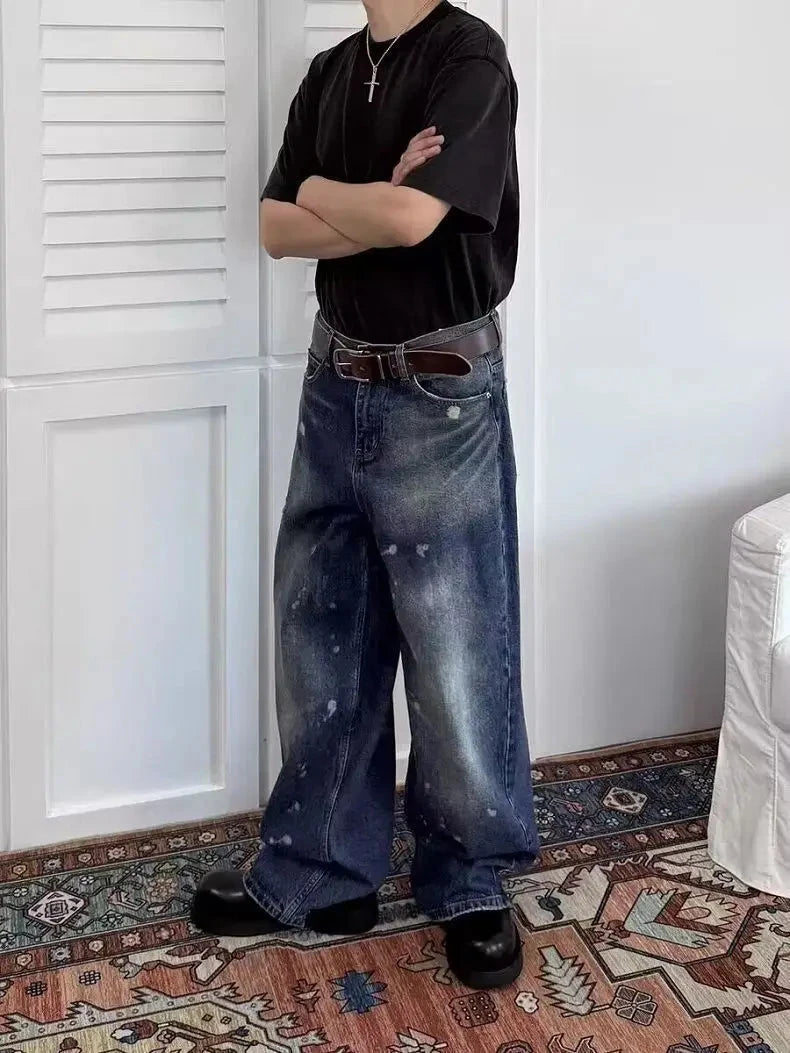 AIDASE  -  Vintage Men's Jeans Loose Ink Splash Wide-Leg Design Stylish Straight-Leg Denim Pants 2025 Autumn New Clothing 21E7640 aidase-shop