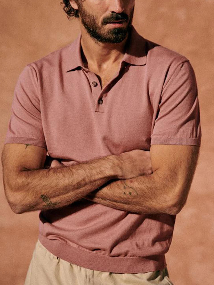 AIDASE  -  Summer Fashion Solid Color Polo Neck Tops Knitting Mens Short Sleeve Button-up Polos Spring Casual Men's Slim Fit Polo Shirts aidase-shop