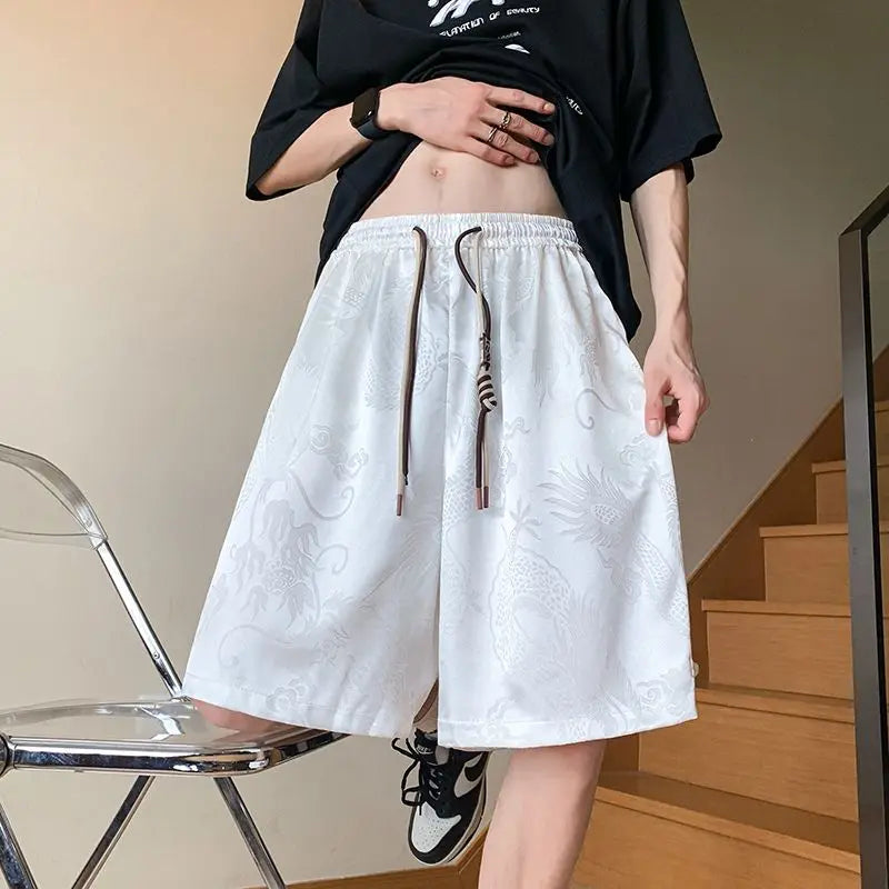 AIDASE  -  Chinese Style Dragon Pattern Ice Silk Jacquard Shorts Men's Summer Loose High-end Sports Trendy Casual Five-point Pants aidase-shop