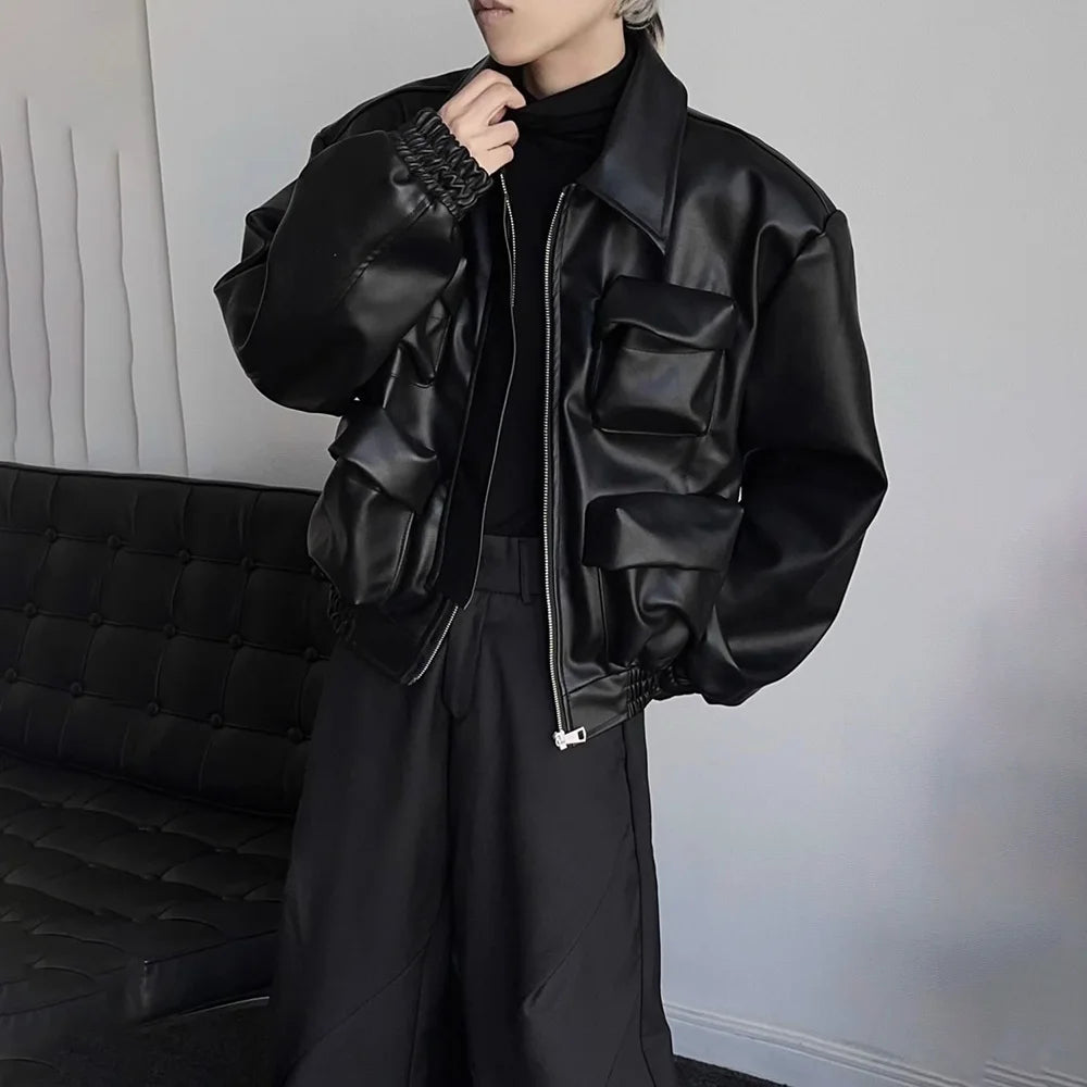 AIDASE  -  Y2K Mens PU Leather Jacket Pocket Motorcycle Coat Spring Casual Gothic High Street Dark Silhouette Top Men's Wear Unisex 2025 aidase-shop