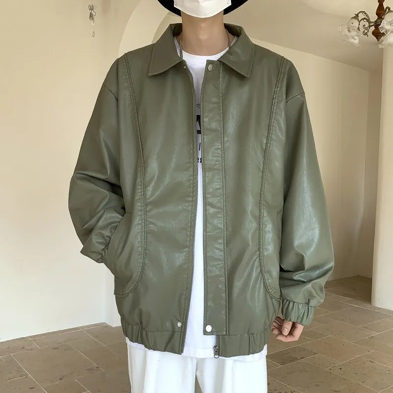 AIDASE  -  Spring Autumn Men's Motorcycles Leather Jacket Turn Down Collar Cargo PU Outwear Coat Male Solid Loose Fashion Moto Biker Jacket aidase-shop