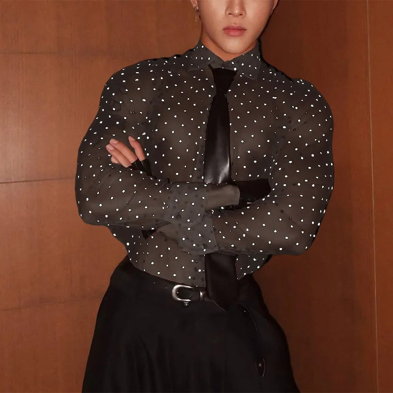 AIDASE  -  Men Shirt Polka Dot Printing Lapel Long Sleeve Button Men Clothing Mesh See Through Loose Fashion Male Shirts Streetwear aidase-shop