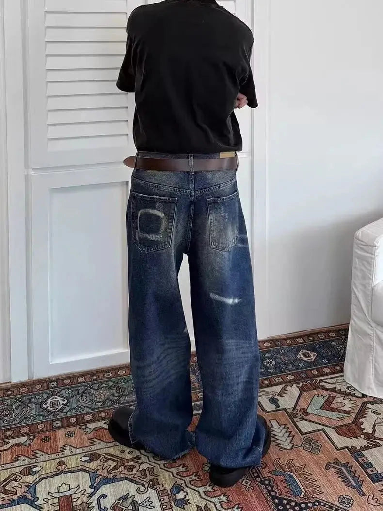 AIDASE  -  Vintage Men's Jeans Loose Ink Splash Wide-Leg Design Stylish Straight-Leg Denim Pants 2025 Autumn New Clothing 21E7640 aidase-shop