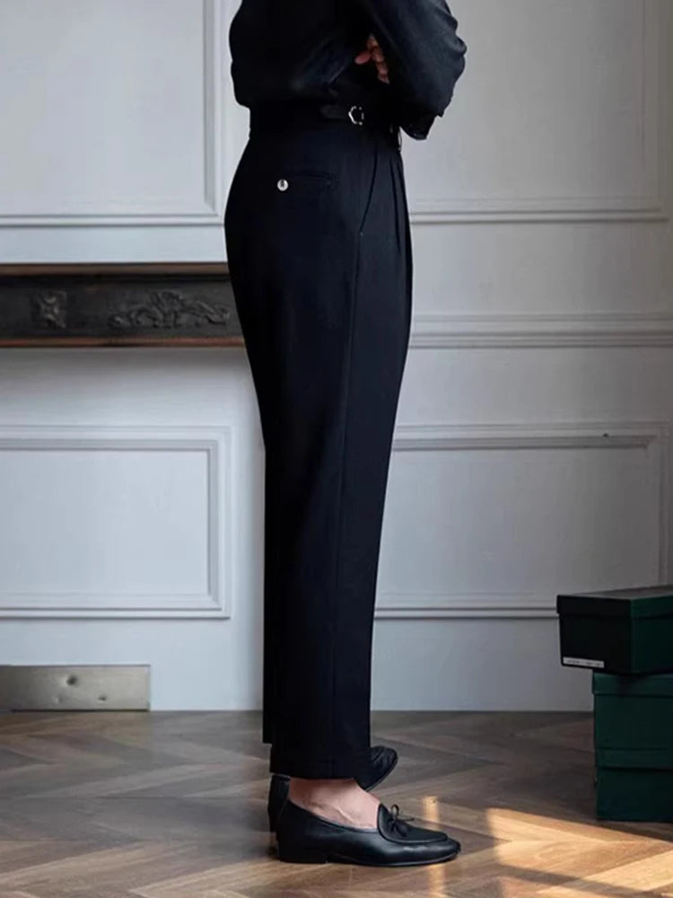 AIDASE  -  Casual Solid Color Pleated High Waist Trousers 2025 Spring Fall Trendy Men's Slim Fit Straight Pants Naples Style Trousers Mens aidase-shop
