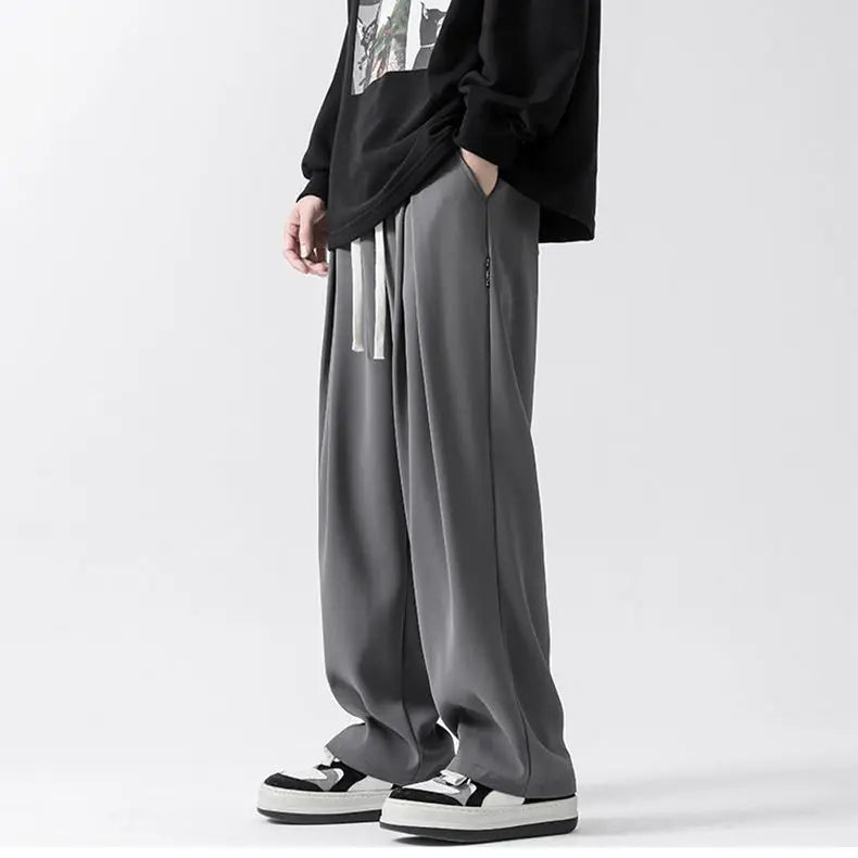 Aidase Spring All Season Casual Soft Solid Men's Cool Boys Drawstring Waist  Long Wide-legged Floor-length Straight-legged Pants aidase-shop