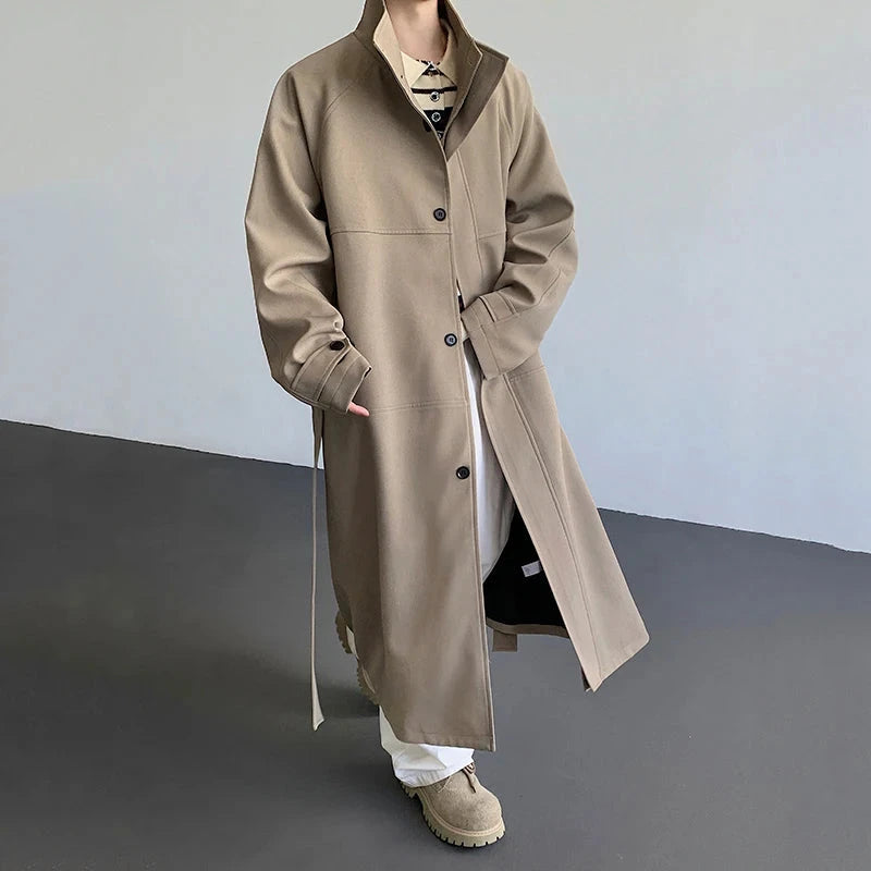 AIDASE  -  Autumn New Men's Mid-Length Trench Coat Korean Style Over-the-Knee Long Sleeve Lace-up Stand collar Windbreaker 21E7663 aidase-shop