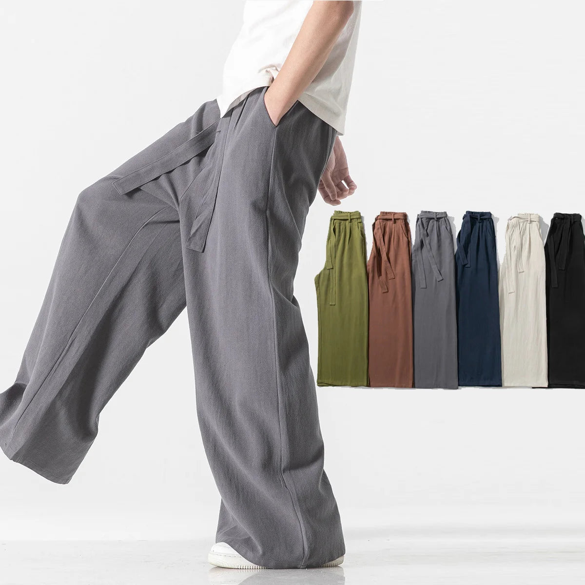 AIDASE  -  Spring Cotton Linen Pants Men Elastic Waist Casual wide leg Pant Loose Sweatpants Traditional Chinese Trousers pantalons homme aidase-shop