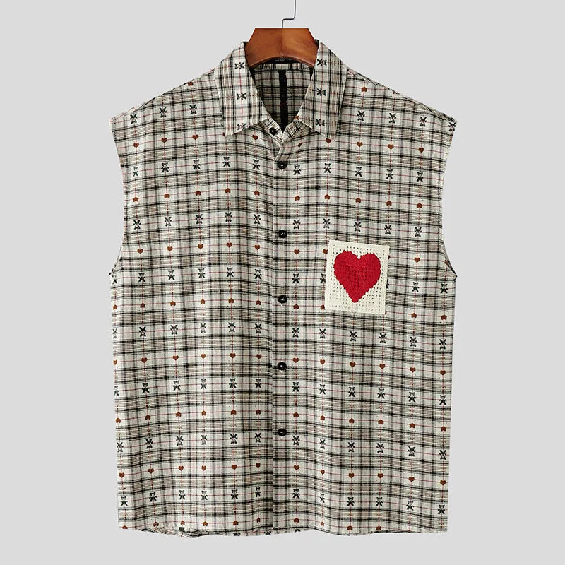 AIDASE  -  Men Shirt Plaid Patchwork Lapel Sleeveless Loose Male Shirts Summer Cotton Steetwear 2025 Casual Men Clothing Vacation aidase-shop