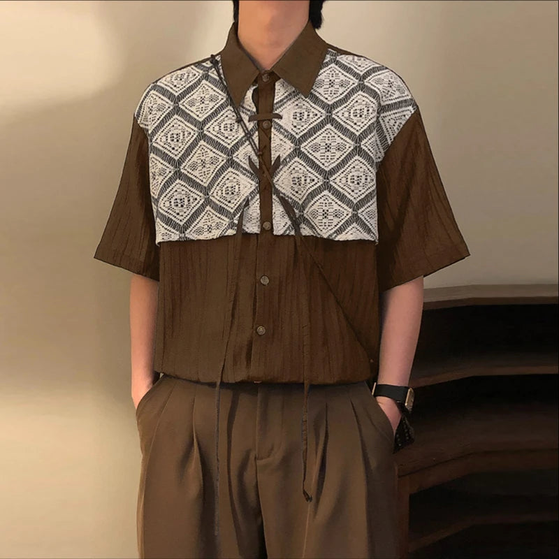 AIDASE  -  Men Shirt Lace Patchwork Pleated Lapel Short Sleeve Men Clothing Summer Streetwear 2025 Loose Fashion Casual Male Shirts aidase-shop