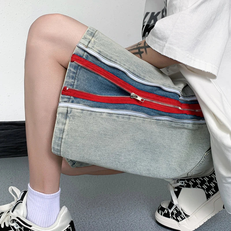 Aidase Men's Denim Casual Shorts Zippers Style All-match Trend Jeans Summer Unisex Cargo Streetwear aidase-shop