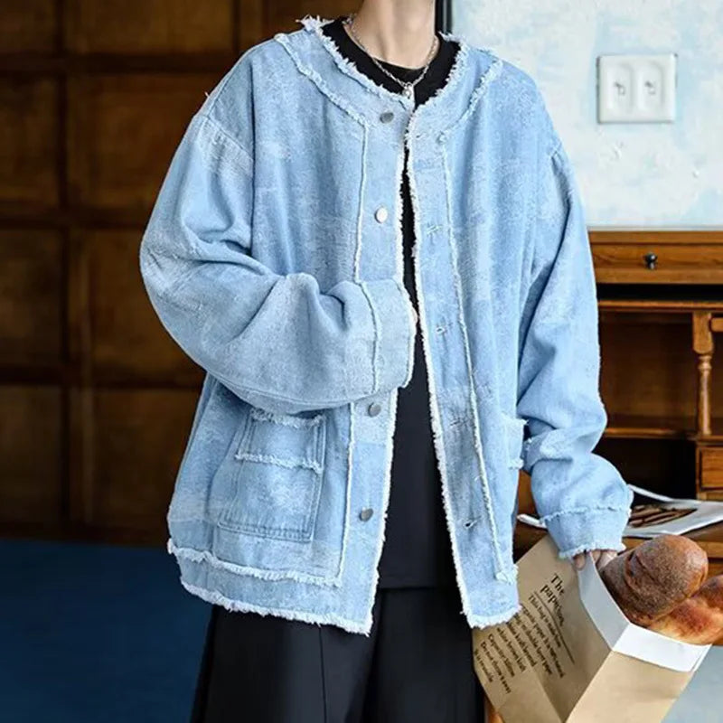 AIDASE  -  Trendy Men Denim Jacket American Style Fashion Full Print Jacquard Design Raw Edge Long Sleeve Round Neck Coats 21E7627 aidase-shop